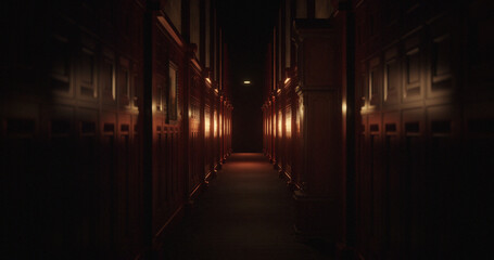 Naklejka na ściany i meble Image of old wood panelled corridor in scary dark interior