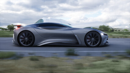 Obraz na płótnie Canvas Futuristic sport car very fast driving on highway. Futuristic city concept. 3d rendering.