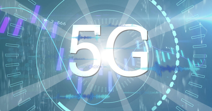 Image of graphs, data and 5g on blue background