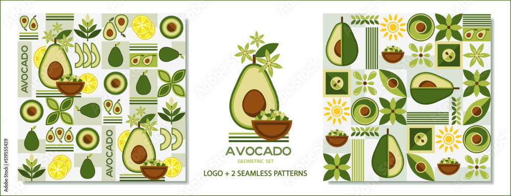 Poster set of seamless patterns and logo with avocado in simple geometric style. abstract shapes. good for 