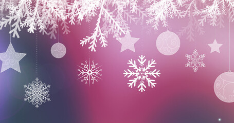 Fototapeta na wymiar Image of snowflakes and baubles over violet background