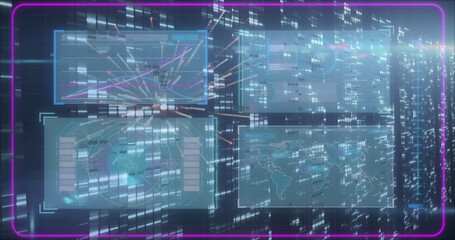 Image of data processing and moving columns over fireworks