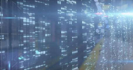 Image of moving columns over cityscape