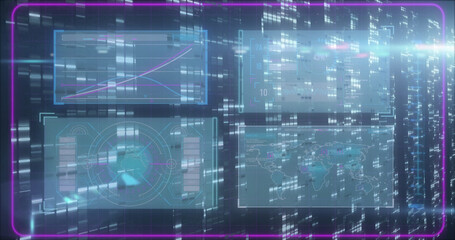 Image of data processing and moving columns over fireworks