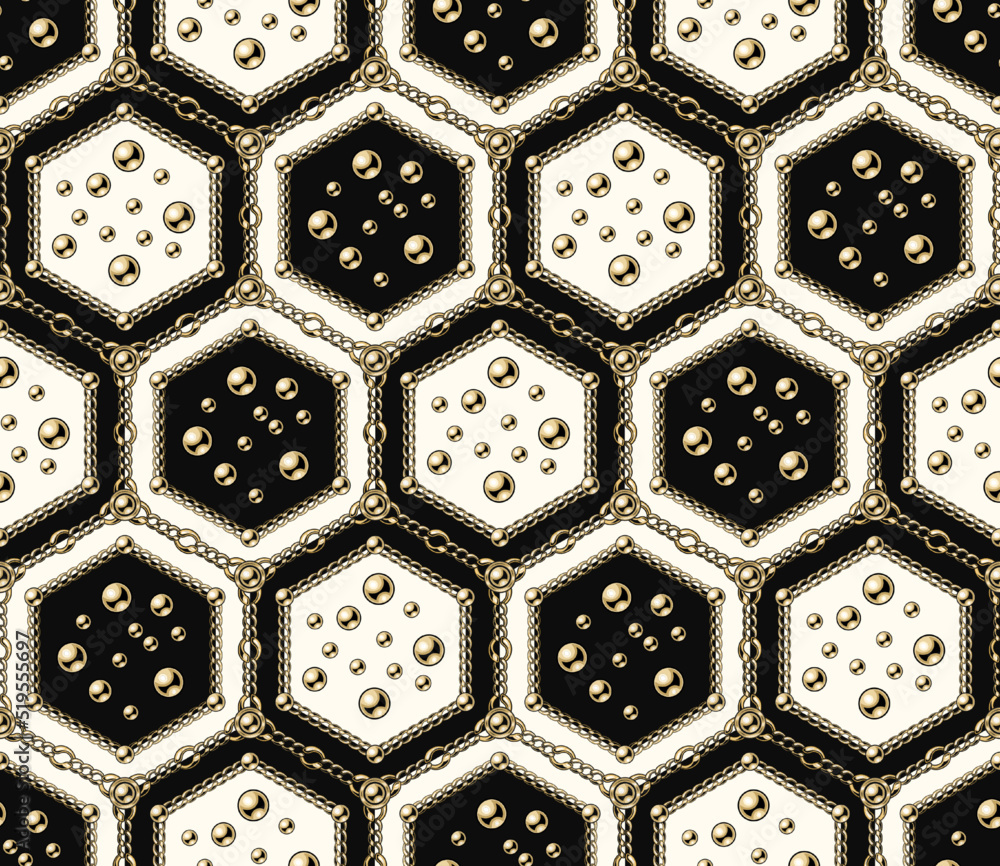 Poster geometric seamless pattern with black, white hexagons in diagonal grid. abstract background with gol