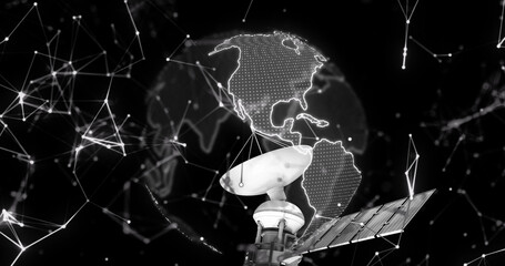 Image of satellite over globe and network of connections on black background