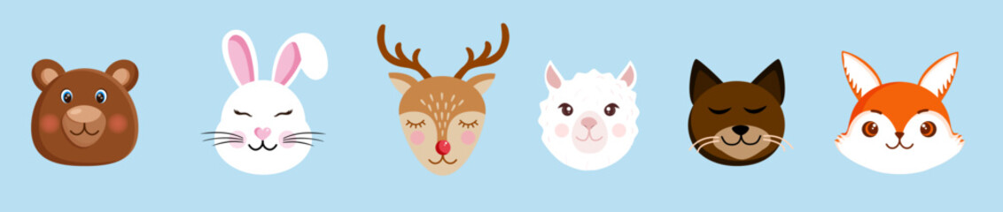 Cute animal portraits - bear, llama, alpaca, cat, hare, deer and fox. Cartoon set of vector illustrations of muzzles. Design for baby clothes, cards, posters, textiles, prints, patterns and more.