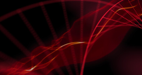 Image of red particles forming curved structure over undulating red smoke on black background