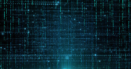 Image of vertical lines over horizontal lines of glowing blue particles on black background