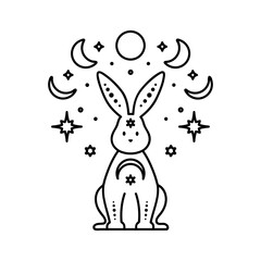 Celestial animal sitting rabbit with moons and stars. Magic bunny. Black outline magical bunny rabbit, mystic crescent moon esoteric symbol, constellation elements. Vector rabbit for decoration. 