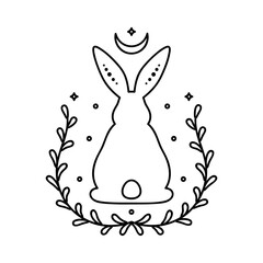 Celestial animal sitting back rabbit. Magic bunny with natural elements. Black outline magical bunny rabbit, mystic crescent moon esoteric symbol, constellation elements. Vector rabbit for decoration.