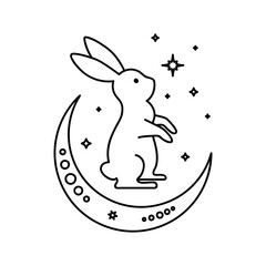 Celestial animal sitting rabbit with moon and stars. Magic bunny. Black outline magical bunny rabbit, mystic crescent moon esoteric symbol, constellation elements. Vector rabbit for decoration. 