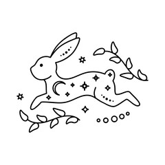 Celestial animal jumping rabbit. Magic bunny. Black outline magical bunny rabbit, mystic crescent moon esoteric symbol, constellation elements. Vector rabbit for decoration. Celestial clipart. Year 