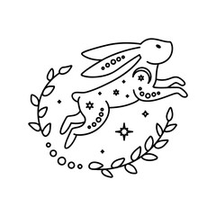 Celestial animal jumping rabbit. Magic bunny with natural elements. Black outline magical bunny rabbit, mystic crescent moon esoteric symbol, constellation elements. Vector rabbit for decoration. Cele