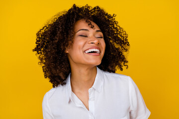 Photo of adorable gorgeous nice girl with wavy hairdo dressed white blouse toothy laughing eyes...