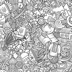 Fototapeta premium Cartoon doodles Ukraine seamless pattern