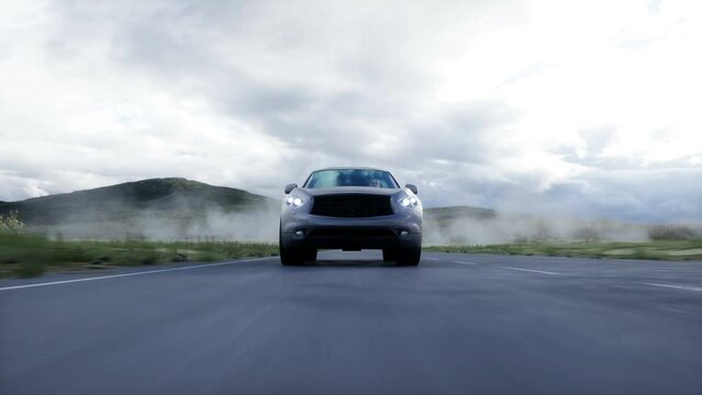Luxury suv very fast driving on highway. Transport concept. Realistic 4k animation.