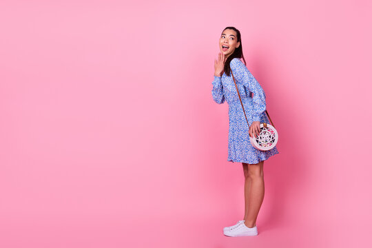 Full size photo of hooray brunette millenial lady near empty space wear blue dress cross body bag shoes isolated on pink background