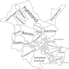 White flat vector administrative map of POTSDAM, GERMANY with name tags and black border lines of its districts