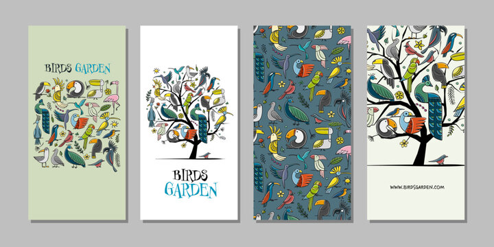 Tree with tropical birds, concept art for your business. Creative ideas for cards, banner, web, promotional materials. Corporate identity template. Vector illustration