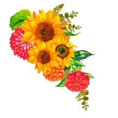Bouquet of yellow sunflowers and red zinnia flowers, watercolor on white background. Sunlight, sun flower. For decorating stationery, textiles, clothes, pillows