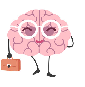 Brain character with suitcase and glasses at work