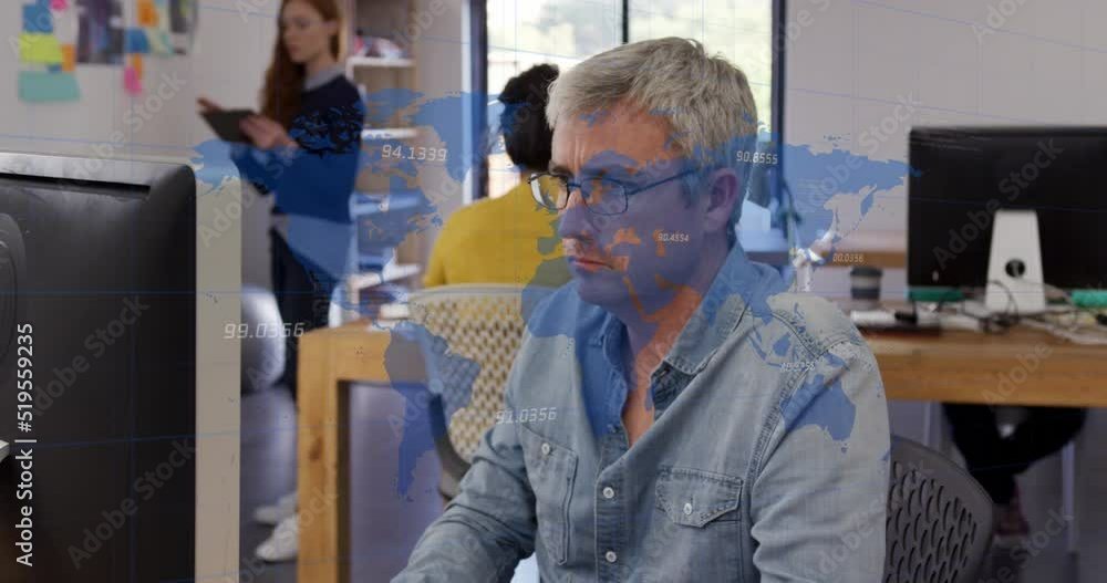 Poster animation of numbers over world map against thoughtful caucasian senior using computer at office