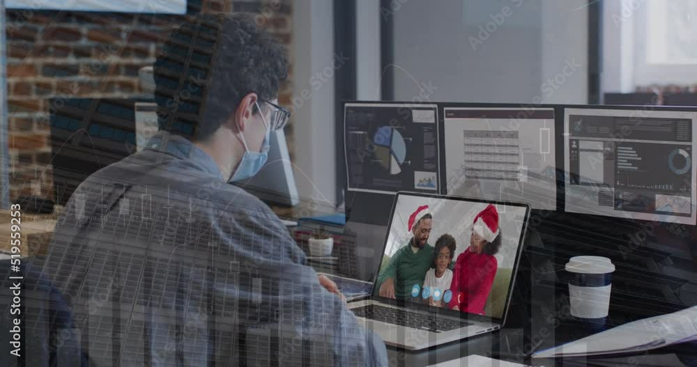 Poster animation of statistical data processing over caucasian man having a videocall on laptop at office
