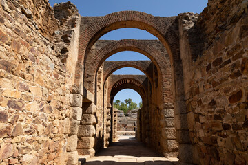 Main entrance and arches of the Roman Amphitheater of Merida, declared World Heritage Site by Unesco, Archaeological Ensemble of Merida