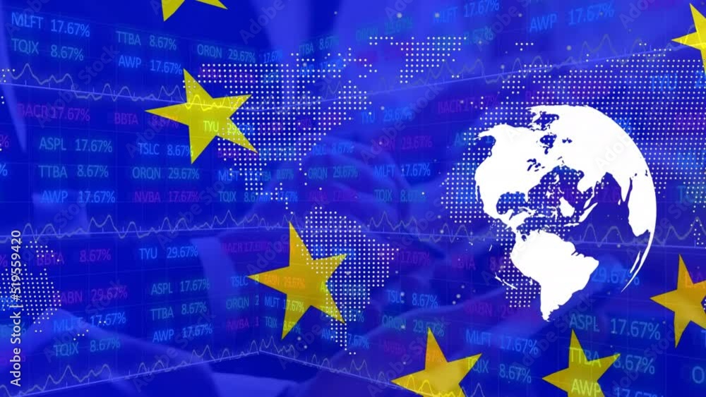 Poster animation loop of rotating globe with graphical map and european union flag against trading board