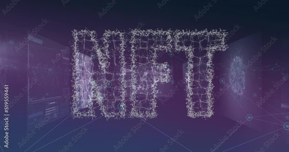 Poster animation of nft over digital screens with data on violet background