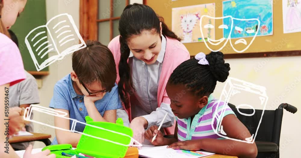 Wall mural Animation of school drawings over diverse female teacher and pupils at school