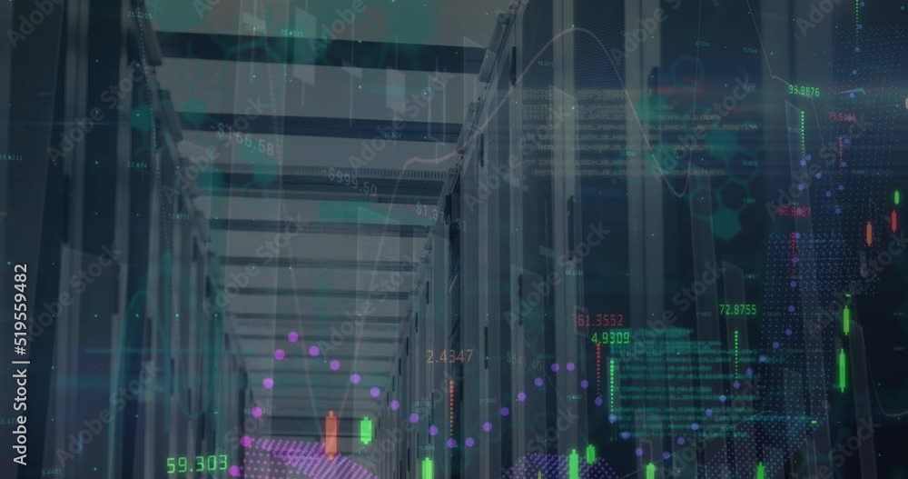 Poster animation of financial data and graphs over servers