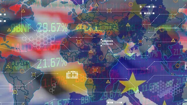 Animation loop of graphical map with british flag and european union flag over stock market ticker