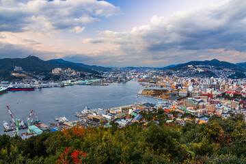 Fototapeta na wymiar Nagasaki, Kyushu, Japan City Skyline over the Bay