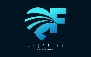 Creative blue letters QF q f logo with leading lines and road concept design. Letters with geometric design.