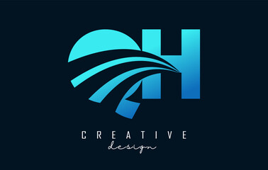 Creative blue letters QH q h logo with leading lines and road concept design. Letters with geometric design.