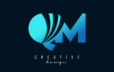 Creative blue letters QM q m logo with leading lines and road concept design. Letters with geometric design.