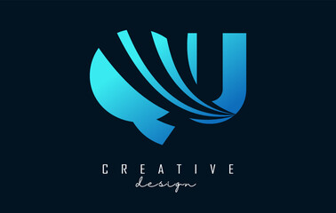 Creative blue letters QU q u logo with leading lines and road concept design. Letters with geometric design.