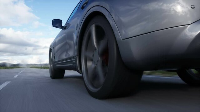 Luxury suv very fast driving on highway. Transport concept. Realistic 4k animation.