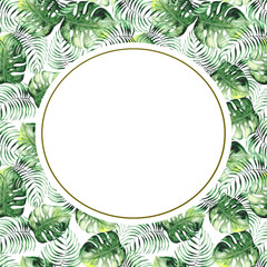 Fototapeta na wymiar Round frame on a background of green tropical leaves with space for text. Watercolor drawing for the design of postcards and invitations.