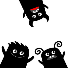 Happy Halloween. Monster set in the corner waving hand. Funny face head body. Kawaii cute cartoon baby character. Horn, fang tooth, tongue. Three black silhouettes. Flat design. White background.