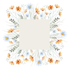 Summer frame of wildflowers and wild green plants. Delicate floral watercolor background