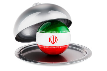 Restaurant cloche with Iranian flag. 3D rendering