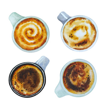 Watercolor set of cup of coffee, latte, capuccino, espresso and croissants. For cafe menu, for barista, for stickers and postcards, for all, who like coffee.