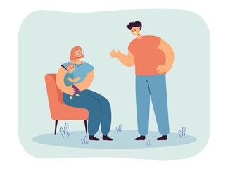 Angry father talking to mother holding little son on chair. Aggressive husband arguing with scared wife flat vector illustration. Family, conflict, relationship, domestic abuse concept for banner