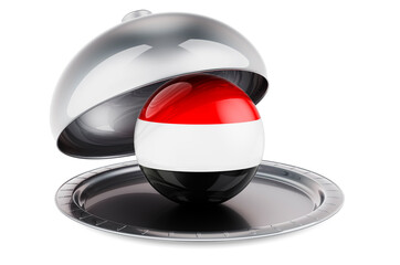 Restaurant cloche with Yemeni flag. 3D rendering