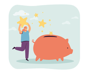 Happy tiny woman putting stars into big piggybank. Female character saving stars as money flat vector illustration. Savings, finances, banking concept for banner, website design or landing web page