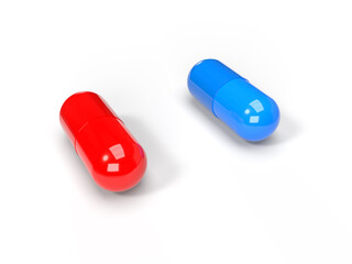 Red and blue pill. A metaphor of two different alternatives. 3D illustration