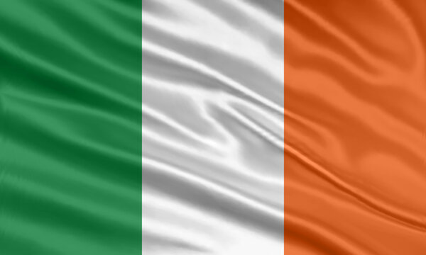 Ireland flag design. Waving Irish flag made of satin or silk fabric. Vector Illustration.